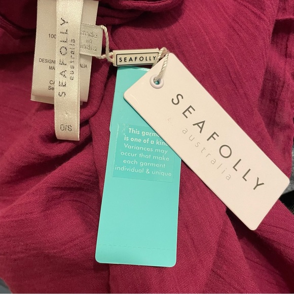 Seafolly Tasseled Boysenberry Pink Cotton Kaftan Beach Vacation Coverup - Picture 6 of 6